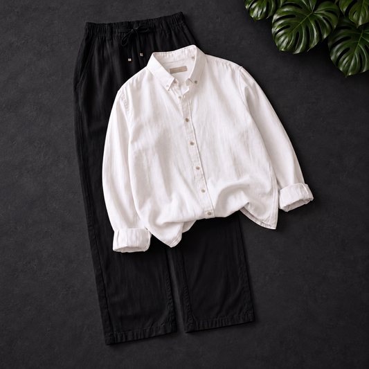 Men's Linen Shirt & Drawstring Pants Set - White