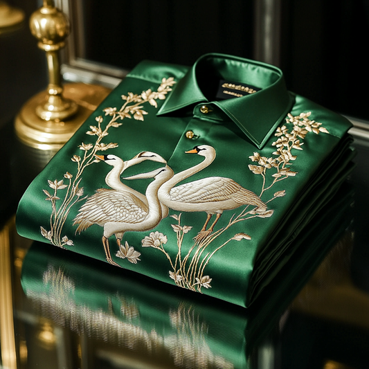 Men's premium quality silk shirt with stunning animal swan print business leisure vacation Long Sleeve Shirts