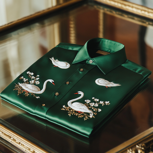 Men's premium quality silk shirt with stunning animal swan print business leisure vacation Long Sleeve Shirts