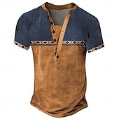 Men's Tribal Ethnic T Shirt Henley Shirt Tee Short Sleeve Designer Basic Ethnic Outdoor Casual Daily Summer Dark Brown Black Light Green Navy Blue Henley Henley T-Shirt