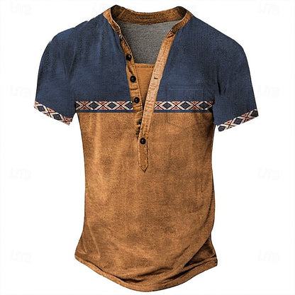 Men's Tribal Ethnic T Shirt Henley Shirt Tee Short Sleeve Designer Basic Ethnic Outdoor Casual Daily Summer Dark Brown Black Light Green Navy Blue Henley Henley T-Shirt