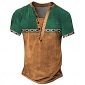 Men's Tribal Ethnic T Shirt Henley Shirt Tee Short Sleeve Designer Basic Ethnic Outdoor Casual Daily Summer Dark Brown Black Light Green Navy Blue Henley Henley T-Shirt