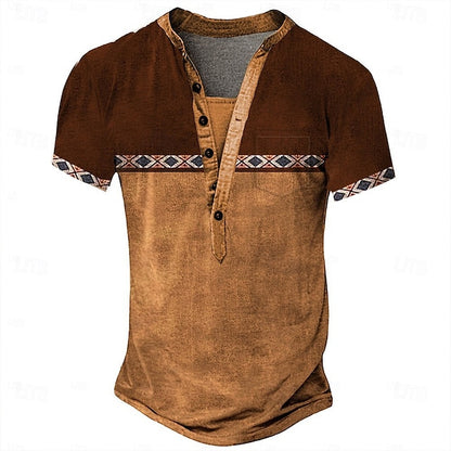 Men's Tribal Ethnic T Shirt Henley Shirt Tee Short Sleeve Designer Basic Ethnic Outdoor Casual Daily Summer Dark Brown Black Light Green Navy Blue Henley Henley T-Shirt