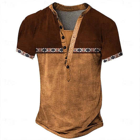 Men's Tribal Ethnic T Shirt Henley Shirt Tee Short Sleeve Designer Basic Ethnic Outdoor Casual Daily Summer Dark Brown Black Light Green Navy Blue Henley Henley T-Shirt